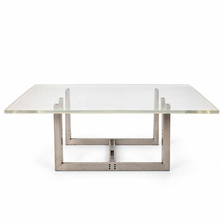 Carlo Scarpa per Simon Gavina - Tavolo modello Sarpi con struttura in acciaio spazzolato e piano rettangolare in plexiglass