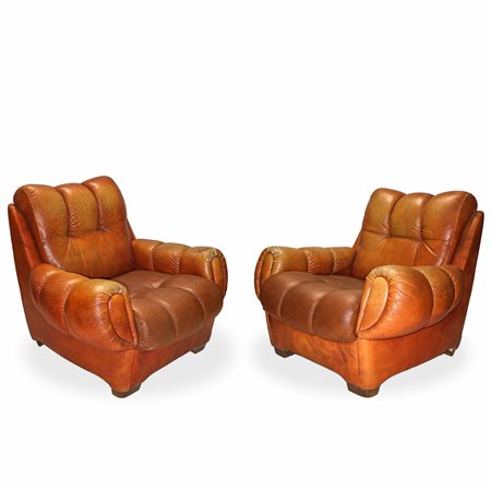 Coppia di poltrone Joe DiMaggio in pelle color cognac, 70s