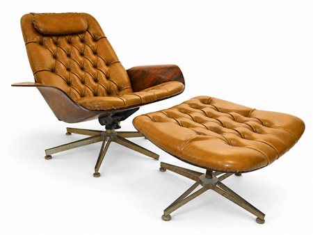 George  Mulhauser per PLYCRAFT (1916 - 2002)  - Poltrona Mr. Chair con ottomana in pelle color cognac, 1960s