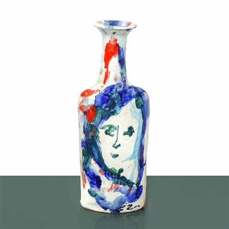 Ernesto Treccani (Milano 1920 - Milano 2009)  - Bottiglia dipinta con volto di donna ambo i lati