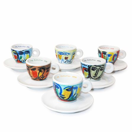 Richard Ginori  Per Illy Collection - Sandro  Chia (Firenze 1946)  - Servizio da caffè composto da 6 tazzine con relativo piattino disegnate da Sandro Chia per la serie "Facce italiane", 1994