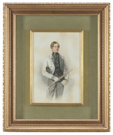 Georg Decker "Ritratto di gentiluomo con bastone" 
tecnica mista su carta (cm 31
