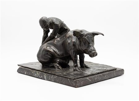 Elia Sala "Il maiale e il contadino" 
scultura in bronzo su base in marmo (cm 19