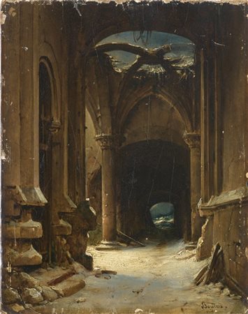 Charles Marie Bouton "Rovine di un castello" 
olio su cartone (cm 26x20)
firmato