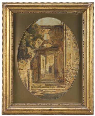 Hermann David Salomon Corrodi "Scorcio archeologico" 
olio su carta applicata a