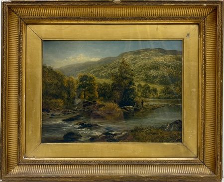 DAVID BATES "Paesaggio fluviale con pescatori" 1872
olio su cartone (cm 25x35)
f
