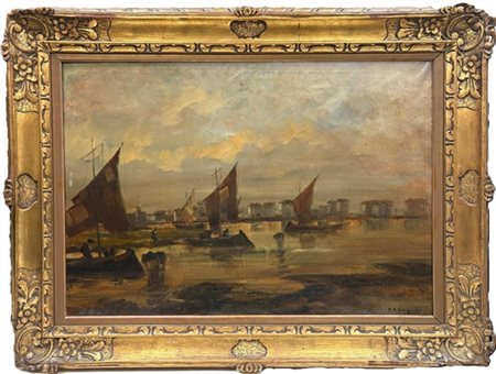 Vittore Antonio Cargnel "Laguna con barche a vela" 
olio su tela (cm 70x100)
fir