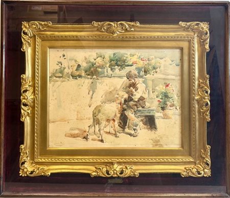 Vincenzo Irolli (attr.)
"In terrazza" 
acquerello su carta (cm 30x40)
firmato in