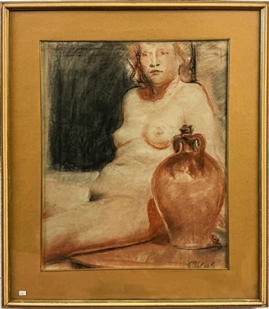 Paulo Ghiglia "Nudo femminile con anfora" 
carboncino e sanguigna su carta (cm 5
