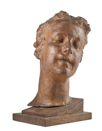 Leonardo Bistolfi "Testa" 
scultura in terracotta su base in legno sagomata h cm