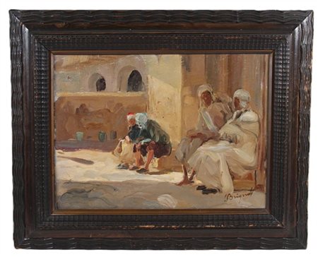 Luigi Brignoli "Entrata al fonduk" 
olio su compensato (cm 33x43)
firmato in bas
