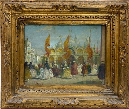 Ettore Solvegni "Carnevale in Piazza San Marco" 
olio su compensato (cm 30x40)
f
