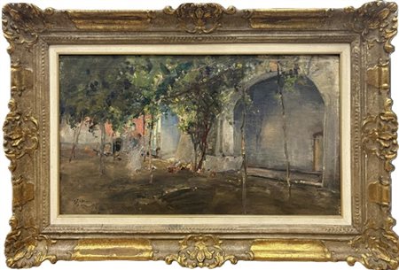 Giuseppe Casciaro "Cava de Tirreni, cortile" 
olio su tela (cm 48x83)
firmato e
