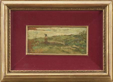 Telemaco Signorini "Paesaggio con figura" 
olio su tavola (cm 7,5x15)
monogramma