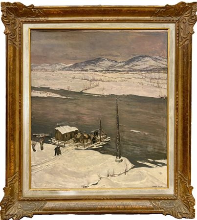 Carlo Musso "Traghetto sul Po" 
olio su cartone (cm 75x65)
firmato in basso a de