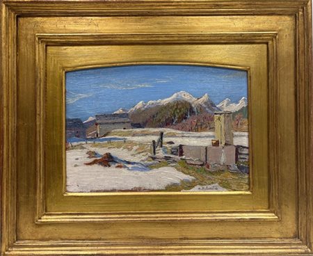 Alfredo Belcastro "Nevicata in Val Vigezzo" 
olio su cartone (cm 26x36)
firmato