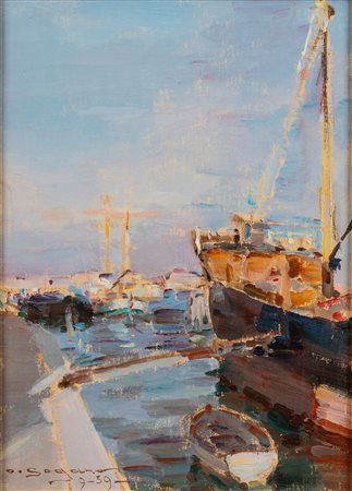 Oscar Sogaro (Dolo 1888 - Venezia 1967)  - Barche in porto, 1959
