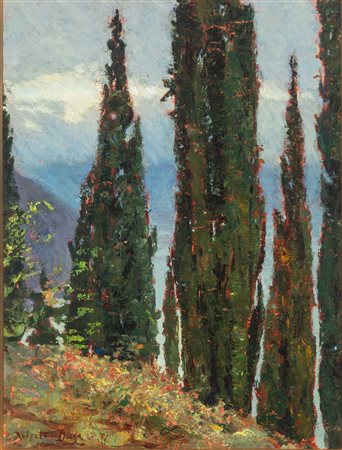 Roberto Borsa (Milano 1880 - 1965)  - Cipressi sul lago
