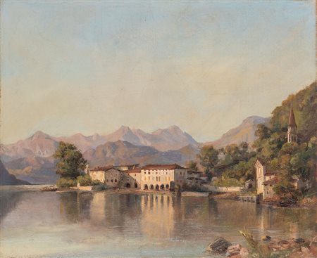 Scuola del secolo XIX - Lago di Lugano, veduta di Bissone