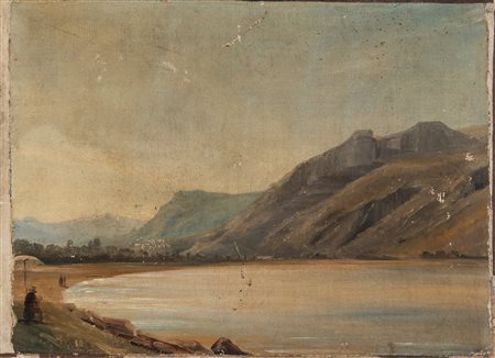 Scuola del secolo XIX - Veduta di lago con pittore in primo piano