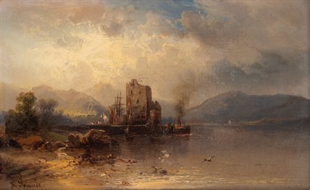 Franz Emil Krause (Niederschönhausen 1836 - Conway 1900)  - Veduta lacustre con castello in rovina