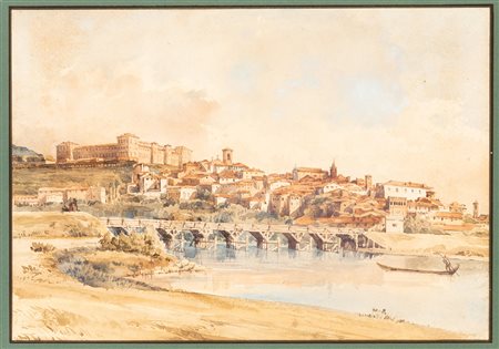 Scuola del secolo XIX - Veduta del Castello e del Borgo di Moncalieri visti dal fiume Po
