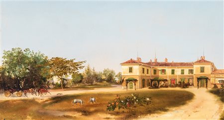 Attribuito ad Ambrogio Fermini (Cernusco sul Naviglio 1811 - Milano 1883)  - Veduta lombarda con villa