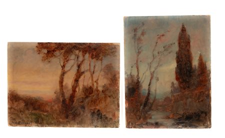 Vittore Antonio Cargnel (Venezia 1872 - Milano 1931)  - Vecchi cipressi; Sul limitare del bosco