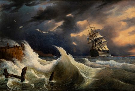 Scuola napoletana, metà del XIX secolo - Mare in burrasca, 1844