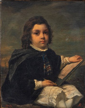 Scuola italiana, metà del secolo XIX - Ritratto di fanciullo mentre disegna, 1853