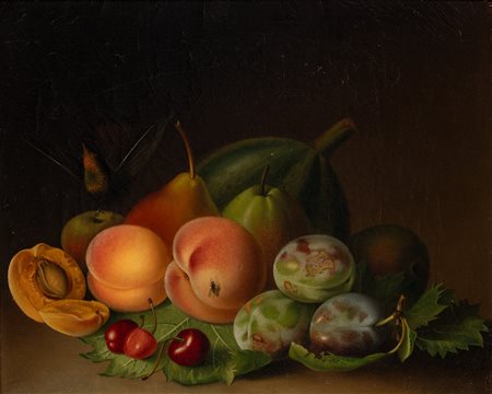 Scuola francese, secolo XIX - Natura morta di frutta con colibrì