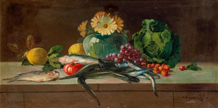Cesare Bentivoglio (Genova 1868 - 1952)  - Natura morta con frutta, fiori e pesci