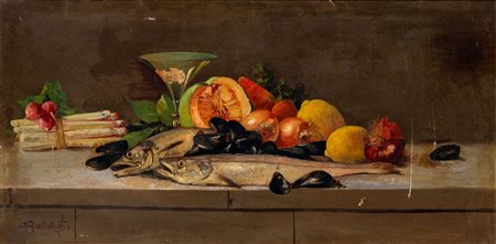 Cesare Bentivoglio (Genova 1868 - 1952)  - Natura morta con pesci, frutta e calice in vetro