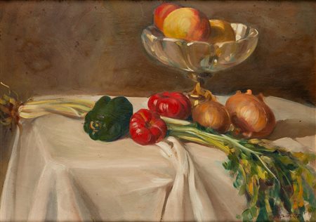 Attilio Achille Bozzato (Chioggia 1886 - Cremona 1954)  - Natura morta con peperoni, pomodori, sedano, cipolle e mele