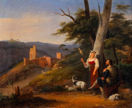 Charles Rauch (Strasburgo 1791 - Nancy 1857)  - Paesaggio laziale con coppia di pastori, 1853