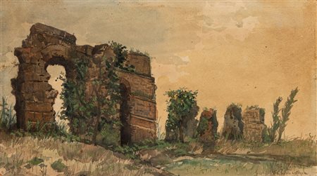 Enrico Coleman (Roma 1846 - 1911)  - Rovine lungo l’Appia Antica a Roma