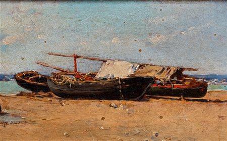 Matteo Lovatti (Roma 1861 - dopo il 1909)  - Barche sulla spiaggia