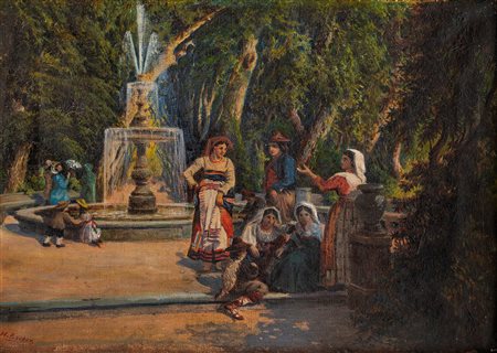 Scuola europea del XIX secolo - Veduta di Villa Borghese con la fontana in Viale Tiziano