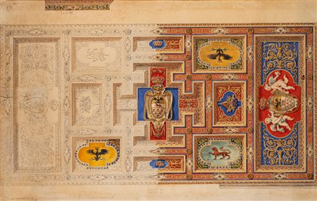 Aristide Benvenuti (Scuola romana del XIX secolo) - Studio di soffitto a lacunari con stemma Odescalchi, 1865