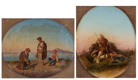 Salvatore Montullo (Napoli, attivo tra XIX e XX secolo)  - Costumi popolari napoletani, uno con Ischia sullo sfondo, 1870-1871