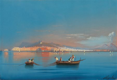 Antonio Coppola (Napoli 1839 - dopo il 1916)  - A pesca nel golfo di Napoli