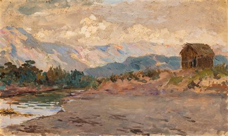 Odoardo Toscani (Roma 1859 - Smirna 1914)  - La capanna presso il fiume di montagna