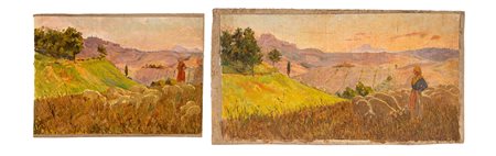 Odoardo Toscani (Roma 1859 - Smirna 1914)  - Paesaggi con pastorella e gregge nel tramonto nella campagna romana