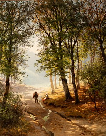 Friedrich August Kessler (1826 - 1906)  - Paesaggio boschivo con viandanti, 1890