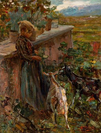 Alessandro Milesi (Venezia 1856 - 1945)  - Bimba con caprette