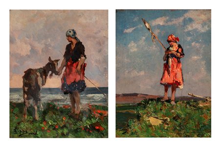 Beppe Ciardi (Venezia 1875 - Treviso  1932)  - Ragazza e capra; Ragazza che fila