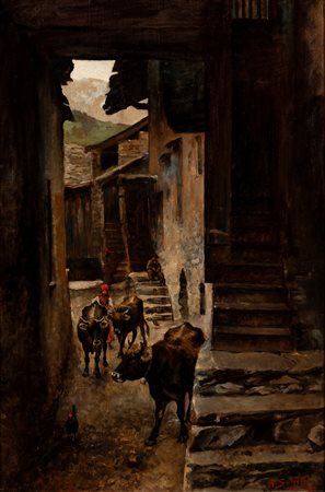Antonio Salvetti (Colle Val D'Elsa 1854 - 1931)  - Scorcio di paese con pastorella e armenti, 1891