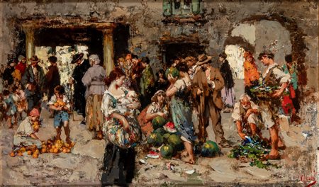 Vincenzo Irolli (Napoli 1860 - 1949)  - Scena di mercato