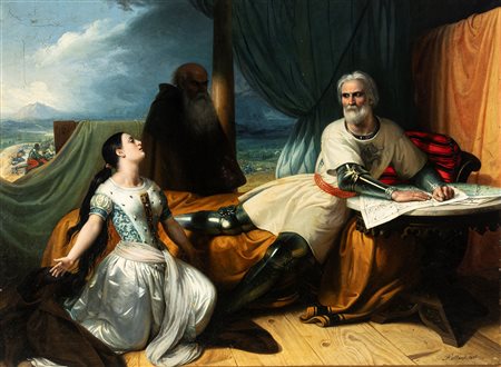 Francesco Mensi (Grava 1800 - Alessandria 1888)  - Isabella, regina di Napoli, prostrata dinanzi al principe Orsini, duca di Taranto, a Sarno, 1846