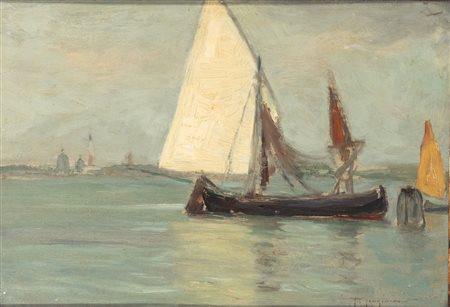 Pietro Fragiacomo (Trieste 1856 - Venezia 1922)  - Venezia, laguna con barche